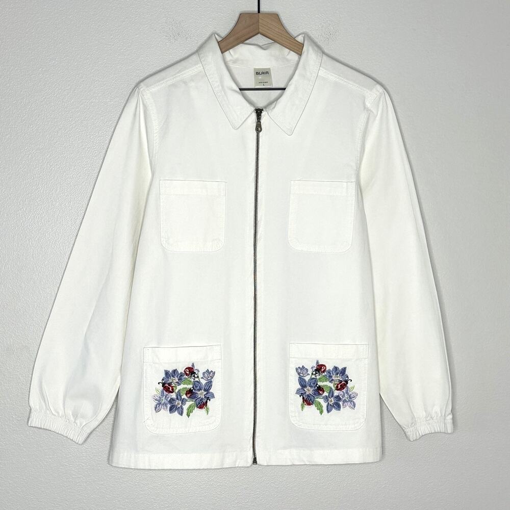 Vintage 100% Cotton Embroidered Chore Coat Blair L White Floral Grandma Cottage